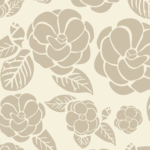 Stylized Blockprint Camelias - Boho Floral - Solid Neutral Colors Flowers and Foliage - Ivory Background - Large Scale