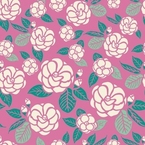 Stylized Floral Block print - Boho Flowers - Solid Colorful Camelias - Pink, Green, Ivory Background - Medium Scale