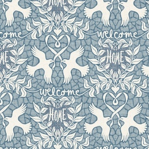 welcome home with loving birds wallpaper - light dusty blue - medium scale