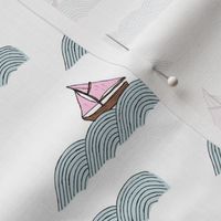 Little Scandinavian Sailing Boat  and ocean waves freehand summer design pink on white