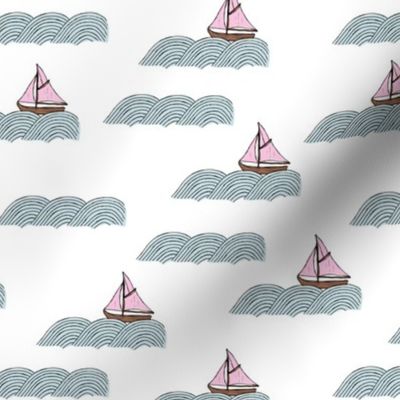 Little Scandinavian Sailing Boat  and ocean waves freehand summer design pink on white
