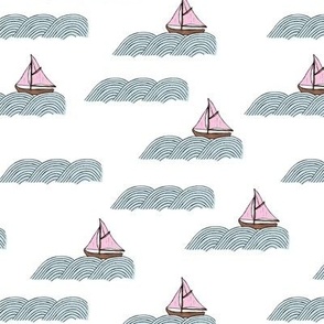 Little Scandinavian Sailing Boat  and ocean waves freehand summer design pink on white