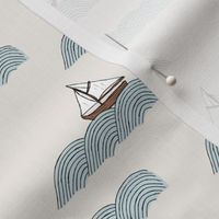 Little Scandinavian Sailing Boat  and ocean waves freehand summer design blue on ivory