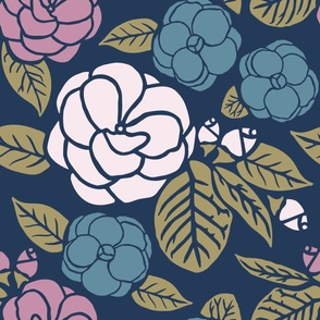 Stylized Block print Floral - Solid Colorful Camelias - Pink, Blue, Green - Navy Background - Large Scale