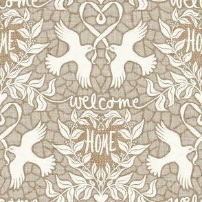welcome home with loving birds wallpaper - taupe - large scale