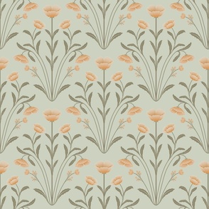 Vintage Inspired Five Petals Flowers and Elongated Leaves in Damask Style Pattern peach, green and pale mint green ( medium scale )