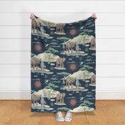 Playful African Safari Elephants Dark Blue Large - wild animal print, elephant family, giraffes, monkeys, blankets, bedding, kids, children, nursery, baby, wallpaper, bathroom, boys, newborns, cute