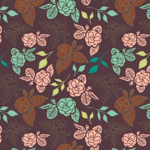 Stylized Block Print Camelias - Boho Tossed Floral - Solid Colors Flowers and Foliage - Green, Light Pink, Brown - Burgundy Background - Medium Scale