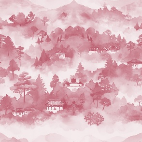 Dreamy Watercolor Chinese Landscape in Light Burgundy - Coordinate