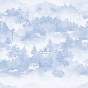 Dreamy Watercolor Chinese Landscape in Light Wedgewood Blue - Coordinate