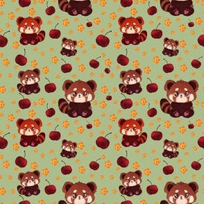 Whimsical Cherries, Blossoms and Pandas green background