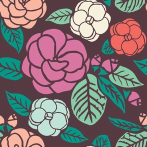 Stylized Block print Floral - Solid Colorful Camelias - Pink, Green - Burgundy Background - Large Scale