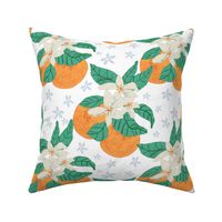 Cream and White Orange Blossoms and Oranges with Green Leaves on Stone Textured Background Bright Colorful Citrus Flowers -  White