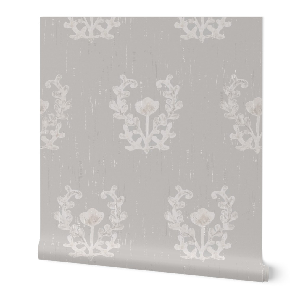 Hand Stamped (Lg )Vintage Floral Tonal Taupe Gray Ivory Woodgrain