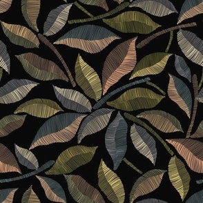 Embroidered Leafy Branches in Earthy Neutrals on Black