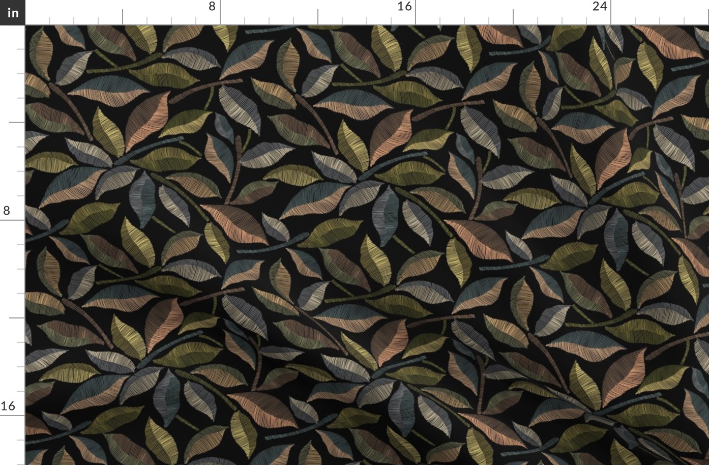 Embroidered Leafy Branches in Earthy Neutrals on Black