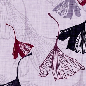 Textured woodcut Ginko leaves in Purple and Dark red with linen texture (extra large/ jumbo scale)