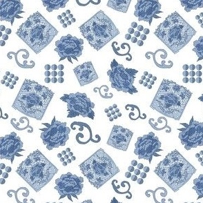 Blue & White  Porcelain-PetiteTossed Blue Peonies, Medallions, Scrolls & Dots on a white background.