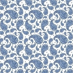 Blue & White Porcelain-Petite Blue Paisley with Blue Peonies & Dots on a white background.