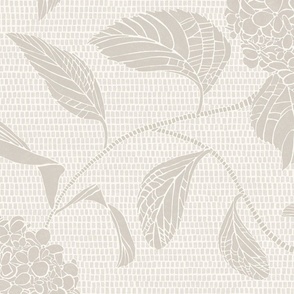 Light warm gray and white trailing floral hydrangea in a drawn texture