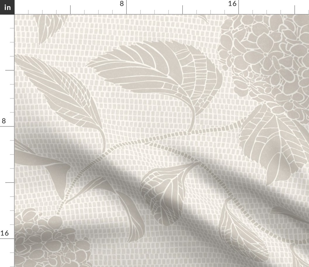 Light warm gray and white trailing floral hydrangea in a drawn texture