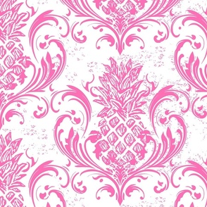 Grand Millennial pineapple damask - Hibiscus Pink and White