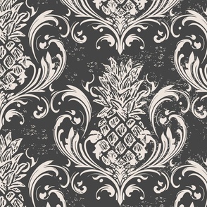 GRAND MILLENNIAL PINEAPPLE DAMASK in Charcoal Gray and Ivory