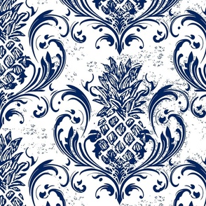 GRAND MILLENNIAL PINEAPPLE DAMASK -  navy blue and white