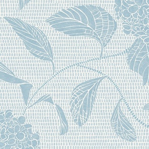 Light cornflower blue and white trailing floral hydrangea in a drawn texture