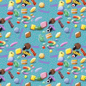 Colorful Nordic Sweets and Savoury Treats with Pink Sprinkles on Turquoise // International Sweets