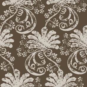 Textured and Tonal floral palmette wallpaper in brown Agreeable Gray and Status Bronze // JUMBO scale