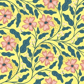 Swirly floral pink on yellow