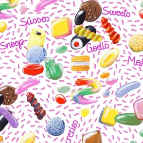 Colorful Nordic Sweets and Savoury Treats with Pink Sprinkles on White // International Sweets