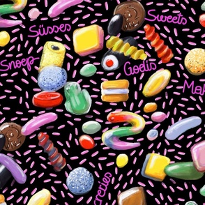 Colorful Nordic Sweets and Savoury Treats with Pink Sprinkles on Black // International Sweets