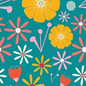 Retro Floral Fun - Colourful Teal.