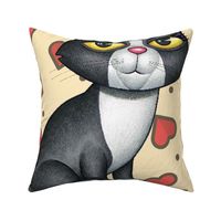 Beautiful Tuxedo Kitty Cat with yellow background and Red Hearts