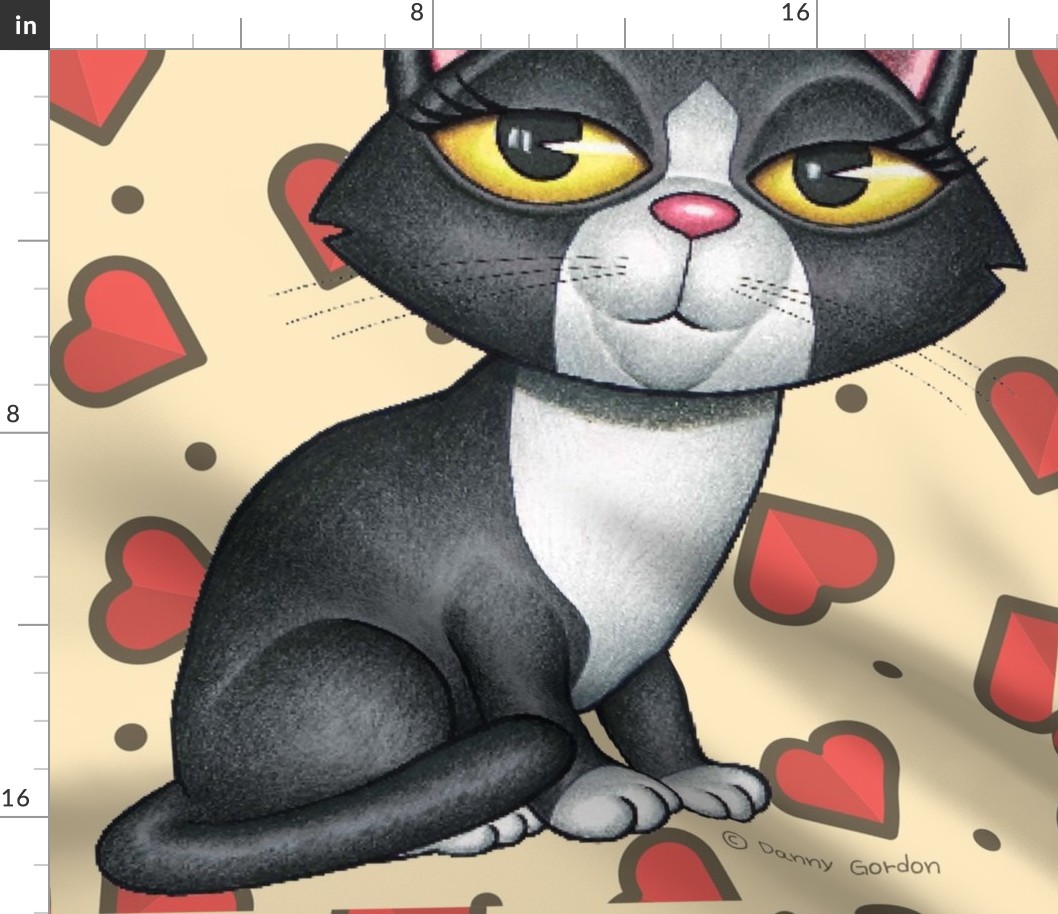 Beautiful Tuxedo Kitty Cat with yellow background and Red Hearts