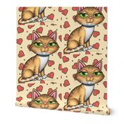 Cute Yellow Tabby Kitty Cat on yellow background with red hearts
