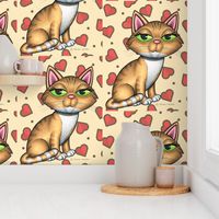 Cute Yellow Tabby Kitty Cat on yellow background with red hearts