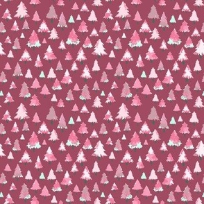 579a – Mini small micro scale Christmas trees in organic hand painted baby pink, maroon and teal watercolour, for kids/children apparel, rustic cabin pet accessories, table napkins, dollhouse décor, baby accessories and apparel