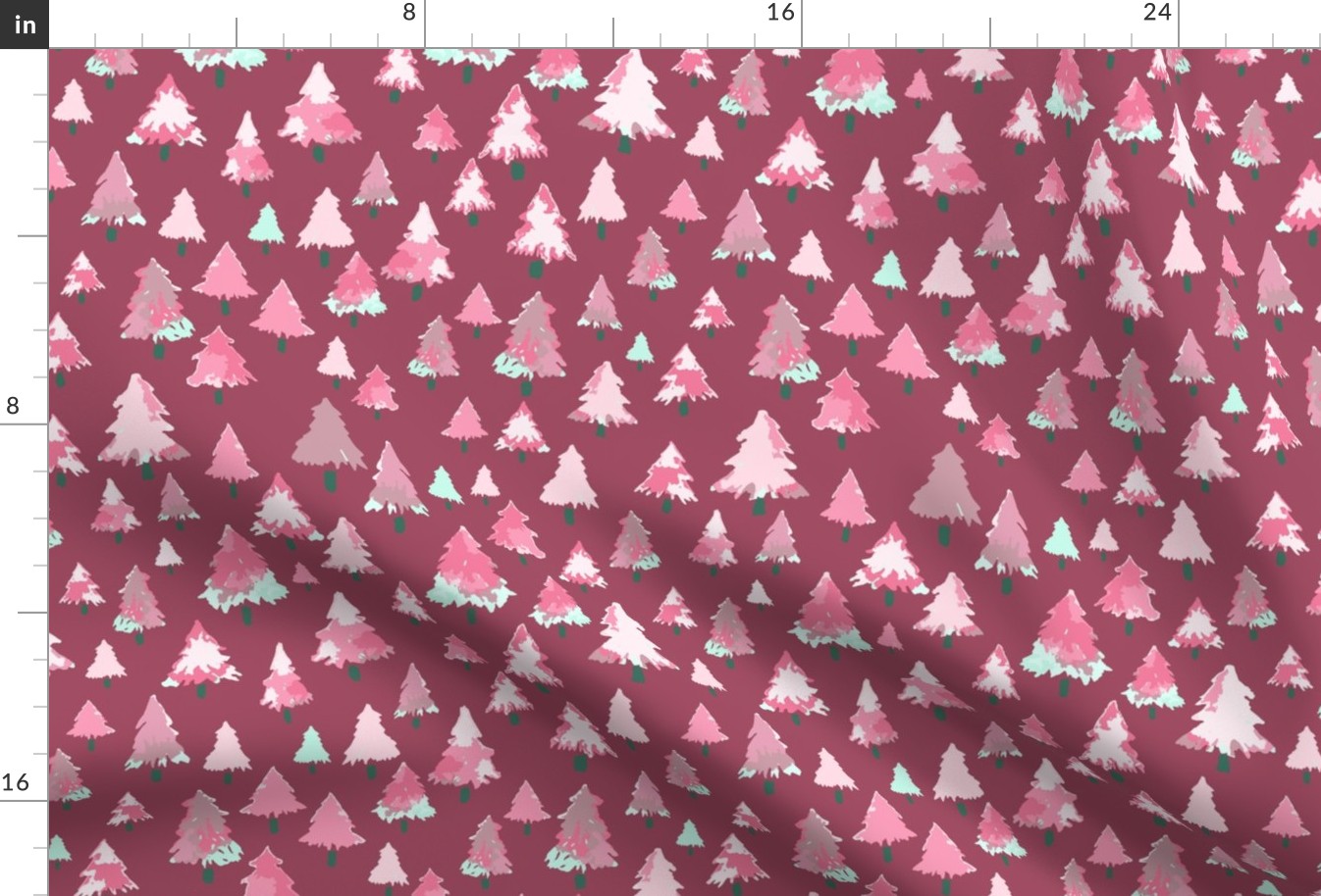 579a - Medium scale Christmas trees in organic hand painted baby pink, maroon and teal watercolour, for kids/children decor, rustic cabin pillows and table runners, children’s autumn apparel, fall decor