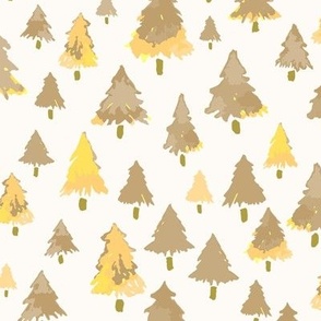 579 - Medium scale Christmas trees in organic hand painted tan, yellow and mustard watercolour, for kids/children decor, rustic cabin pillows and table runners, children’s autumn apparel, fall decor