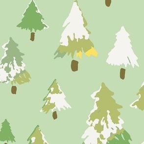 579 - Large scale Christmas trees in organic hand painted soft mustard, sap green and off white watercolour, for kids/children decor, rustic cabin decor, wallpaper, duvet covers, curtains and table cloths