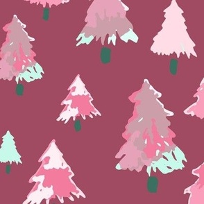 579a - Large scale Christmas trees in organic hand painted baby pink, maroon and teal watercolour, for kids/children decor, rustic cabin decor, wallpaper, duvet covers, curtains and table cloths