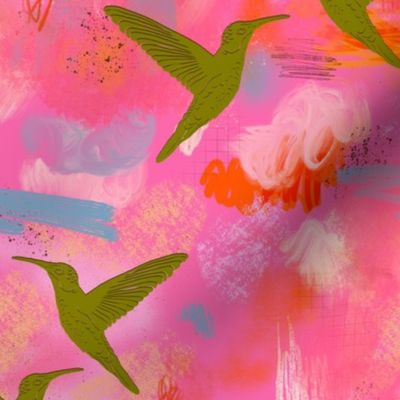 Humming birds on textured pink orange abstract sky