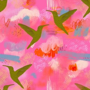 Humming birds on textured pink orange abstract sky