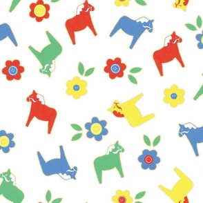 Large Hand painted Gouache Dala Horses and Flowers with Pure White (#FFFFFF) Background in Ditsy