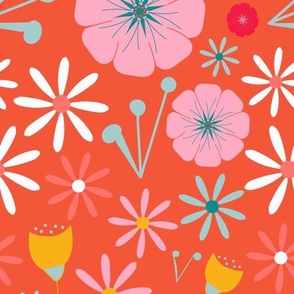 Retro Floral Fun - Bright Joyful Orange.