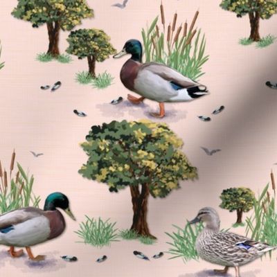 Modern Mallard Ducks, Toile De Jouy Countryside, Contemporary Duck Family, Whimsical Wildlife Illustration, Painterly Birds in Flight, Painted Oak Trees & Grasses, Whimsical Wildlife, Bird Illustration, Whimsical Farmhouse Décor on Rose Pink and Garden