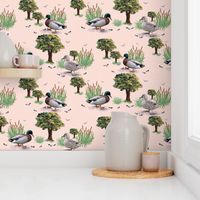 Modern Mallard Ducks, Toile De Jouy Countryside, Contemporary Duck Family, Whimsical Wildlife Illustration, Painterly Birds in Flight, Painted Oak Trees & Grasses, Whimsical Wildlife, Bird Illustration, Whimsical Farmhouse Décor on Rose Pink and Garden